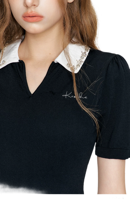 Beaded Collar Knit Tee