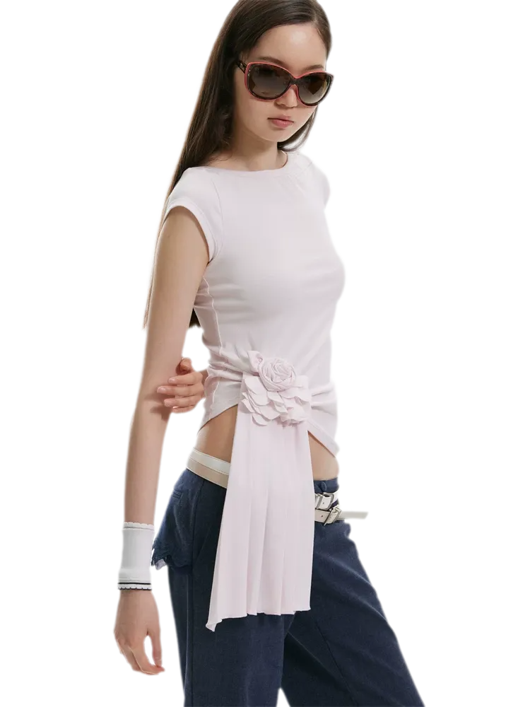 Asymmetric Flower Short Sleeve Top