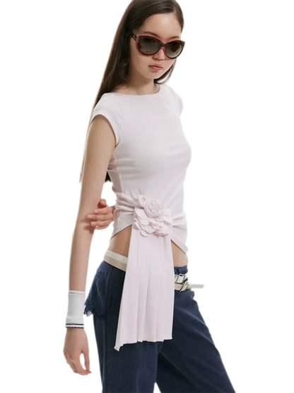 Asymmetric Flower Short Sleeve Top