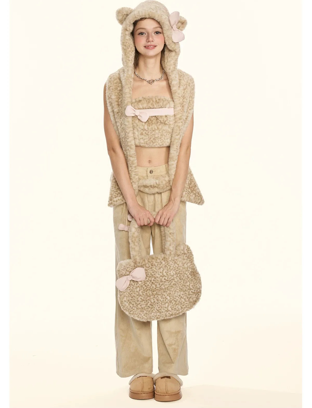 Leopard Plush Bow Shoulder Bag
