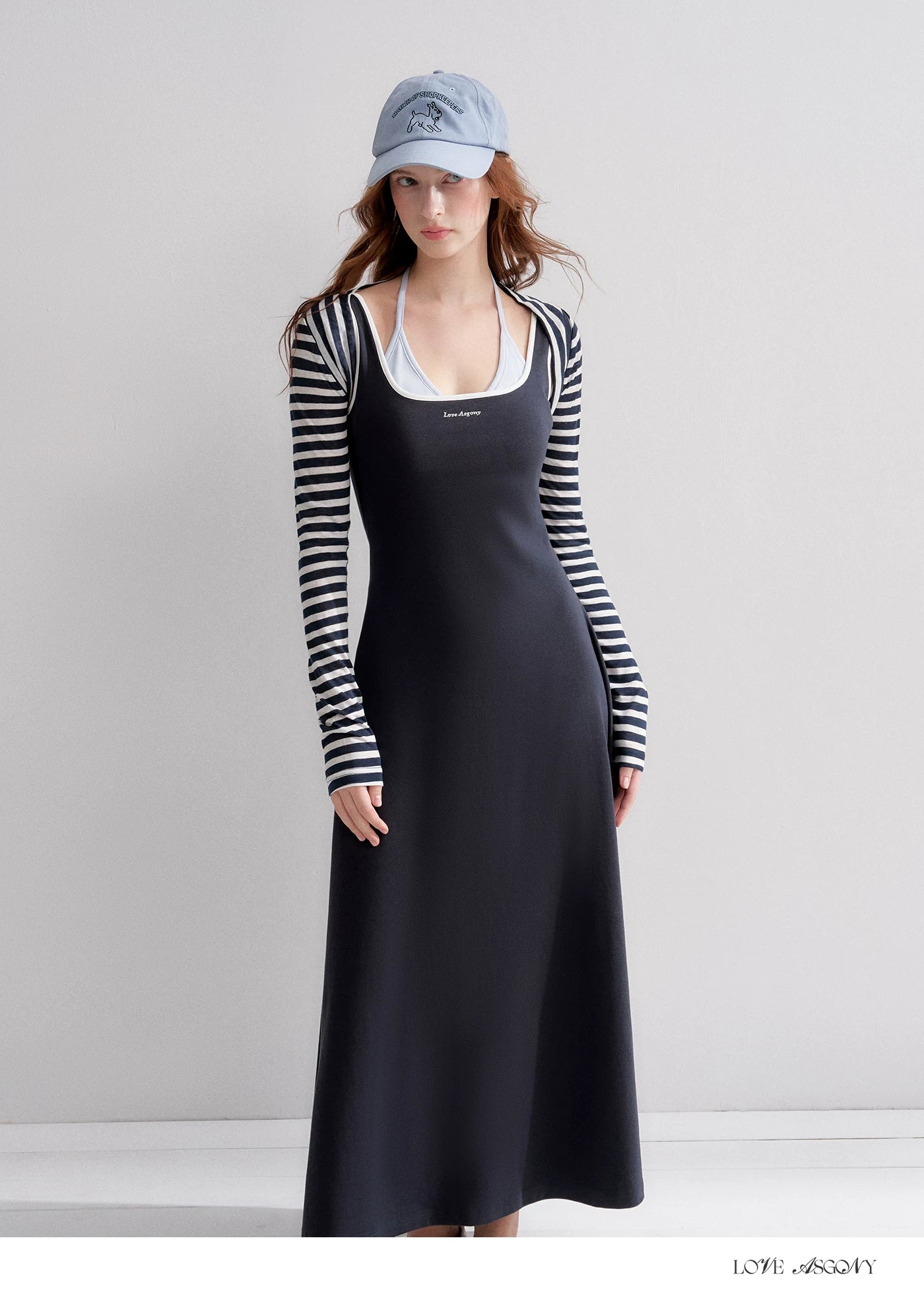 Contrast Color U-Neck Halter Knit Long Dress