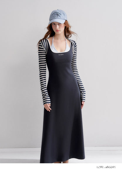 Contrast Color U-Neck Halter Knit Long Dress