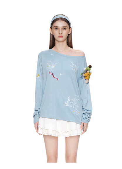 Graphic Off-Shoulder Long-Sleeve T-Shirt