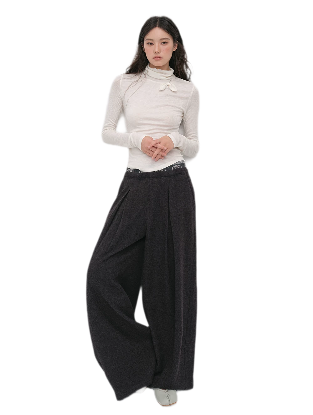 Pleated Contrast Wide-Leg Trousers