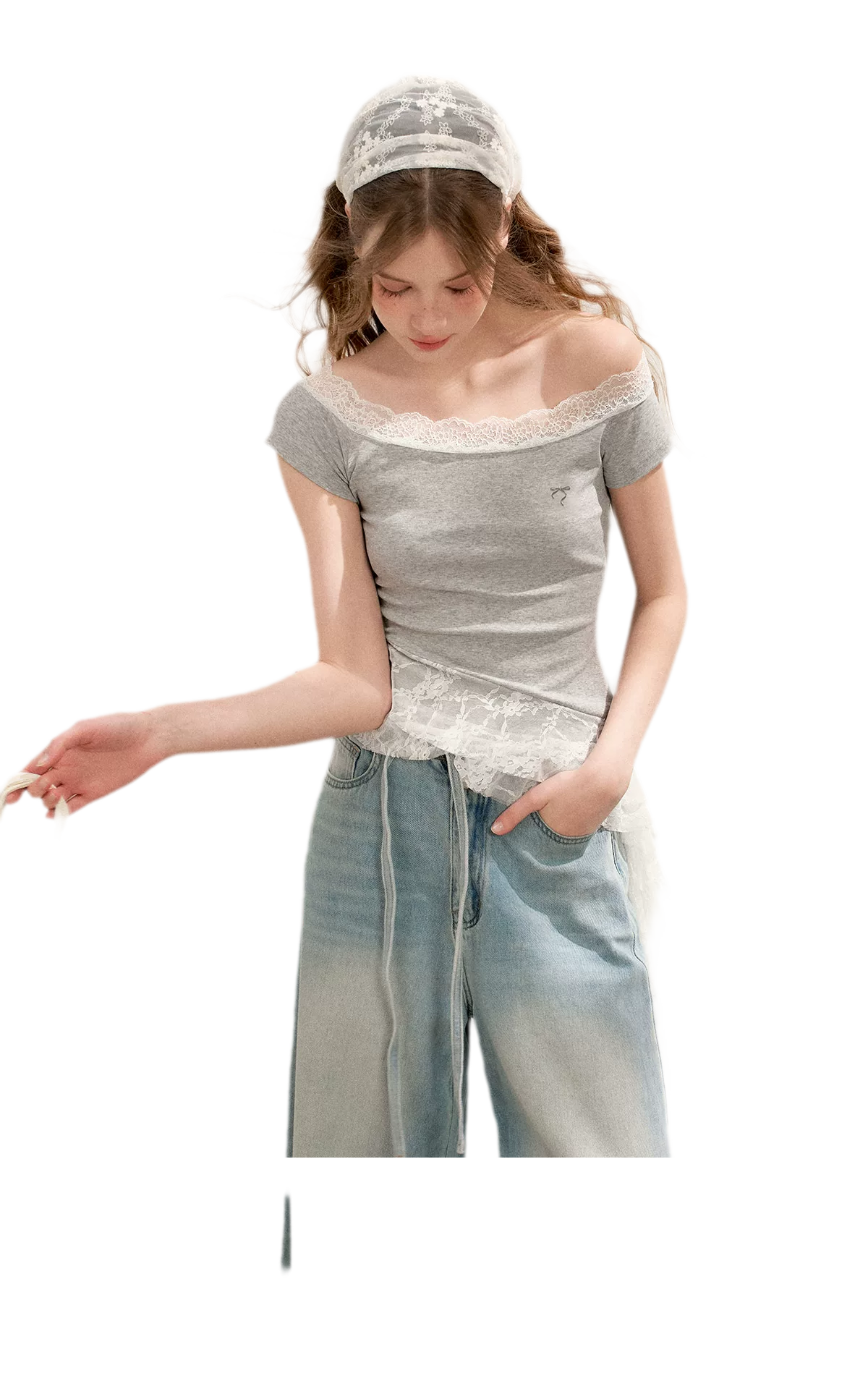 Asymmetric Lace Off-Shoulder T-Shirt