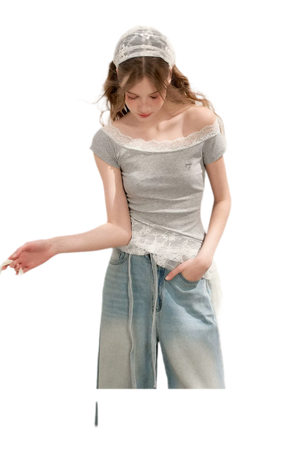 Asymmetric Lace Off-Shoulder T-Shirt