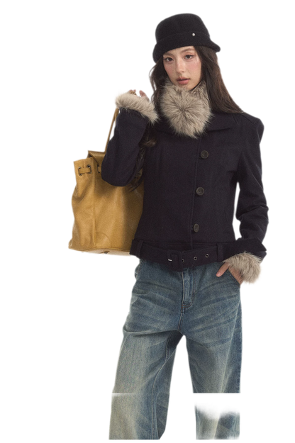 Detachable Fur Collar Twill Coat