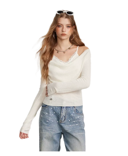 Draped Lace Trim Knit Top