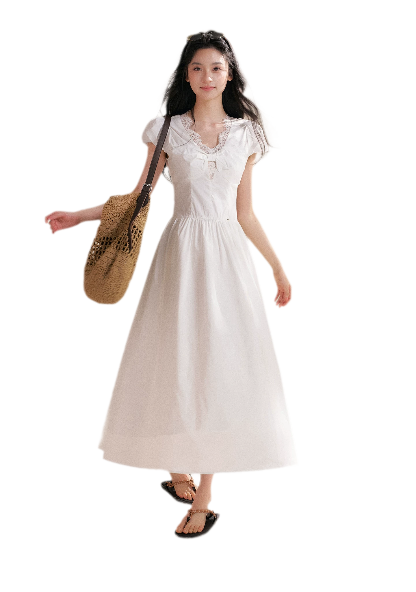Knot Design French Lace Puff Sleeve A-Line Dress