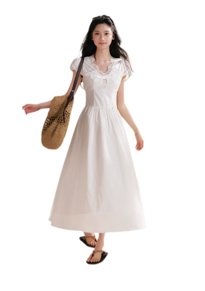 Knot Design French Lace Puff Sleeve A-Line Dress