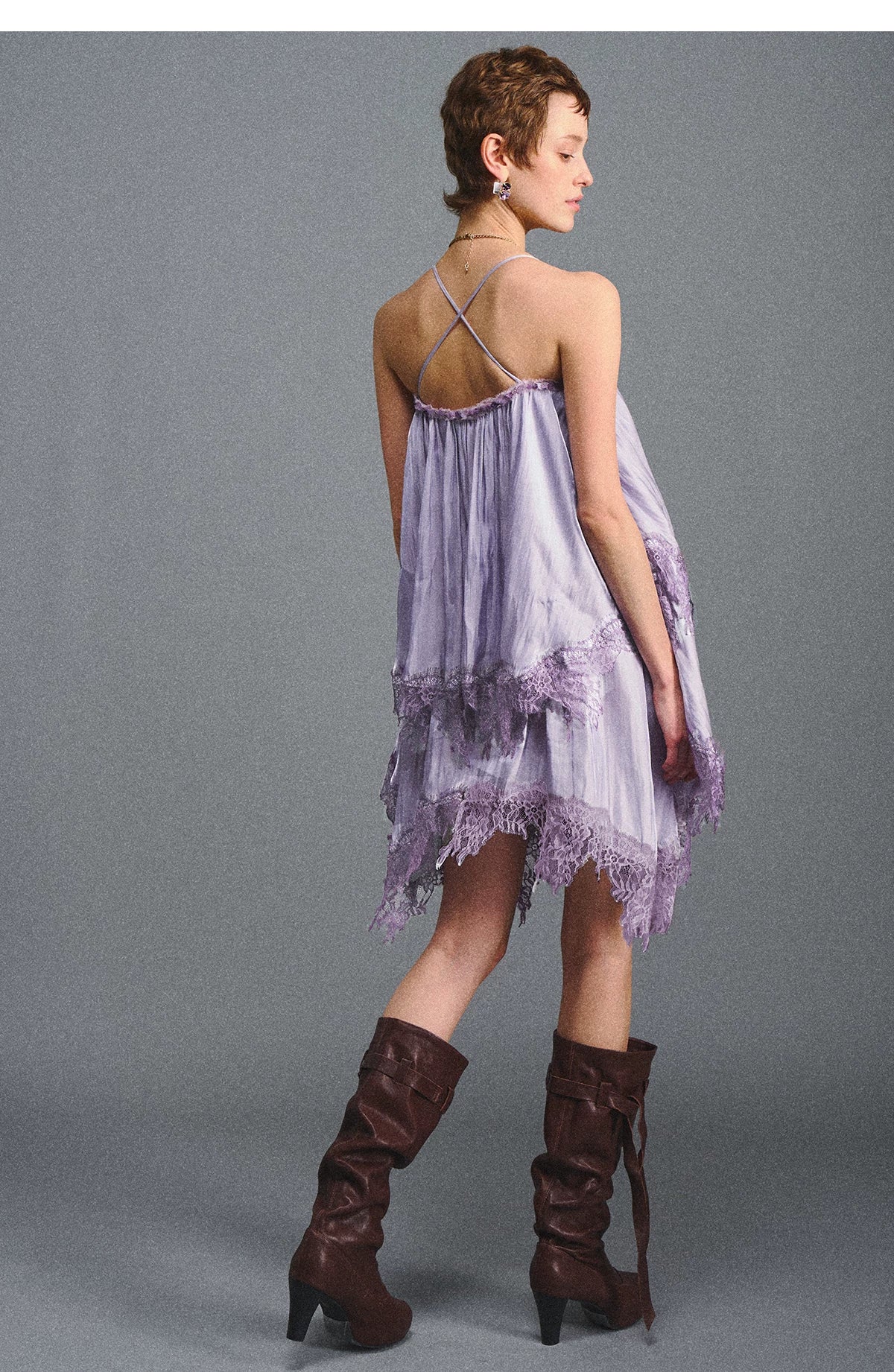 Lavender Galaxy Lace Satin Beaded Strap Dress