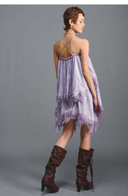 Lavender Galaxy Lace Satin Beaded Strap Dress