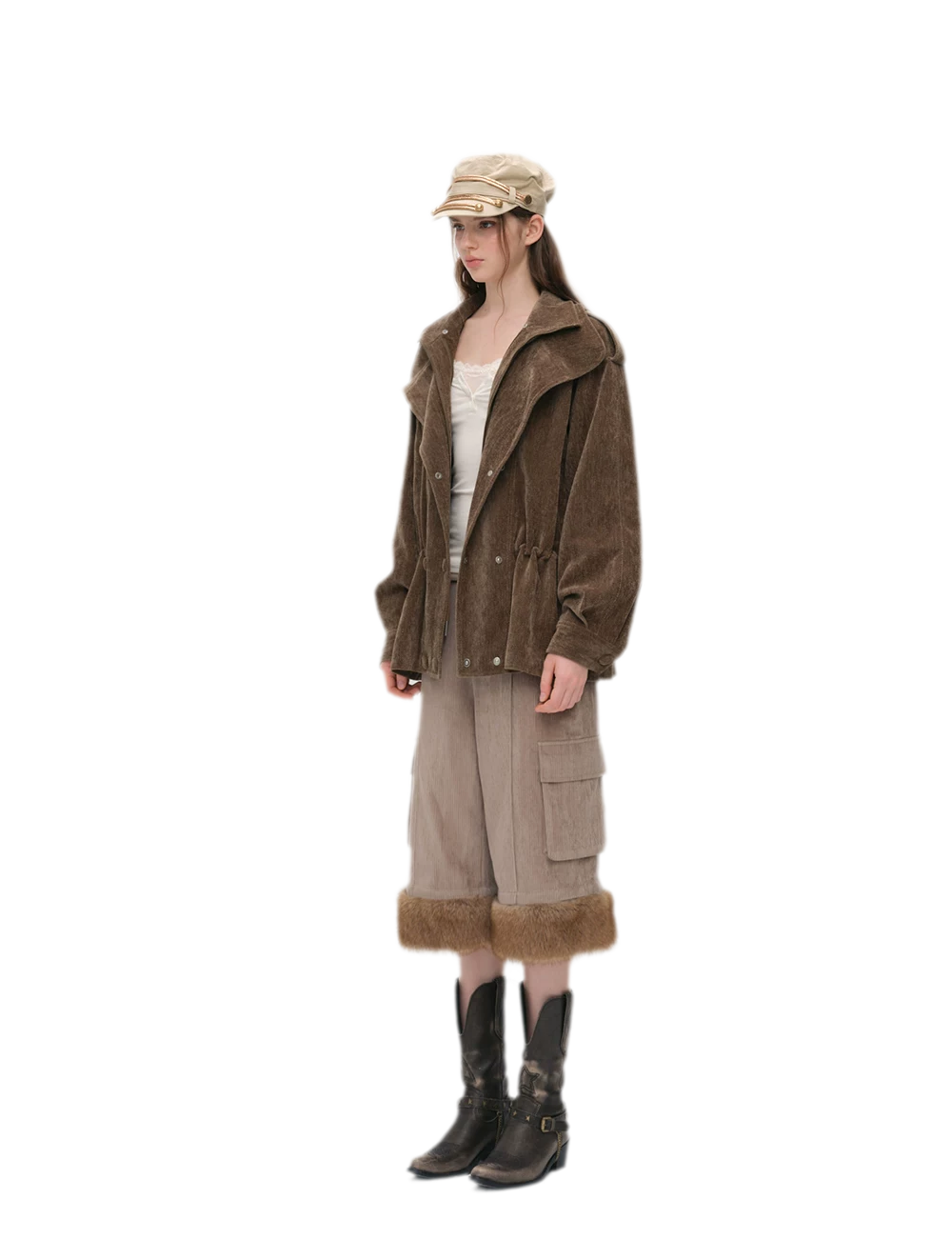Chenille Cargo Cropped Wide-Leg Pants