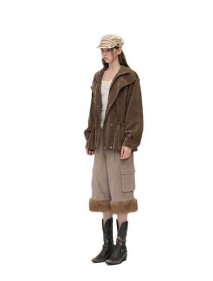Chenille Cargo Cropped Wide-Leg Pants