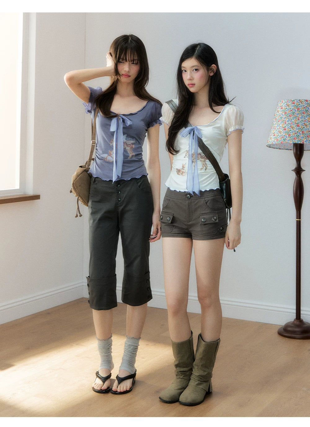 Korean Lyocell Deer Print Ribbon T-Shirt