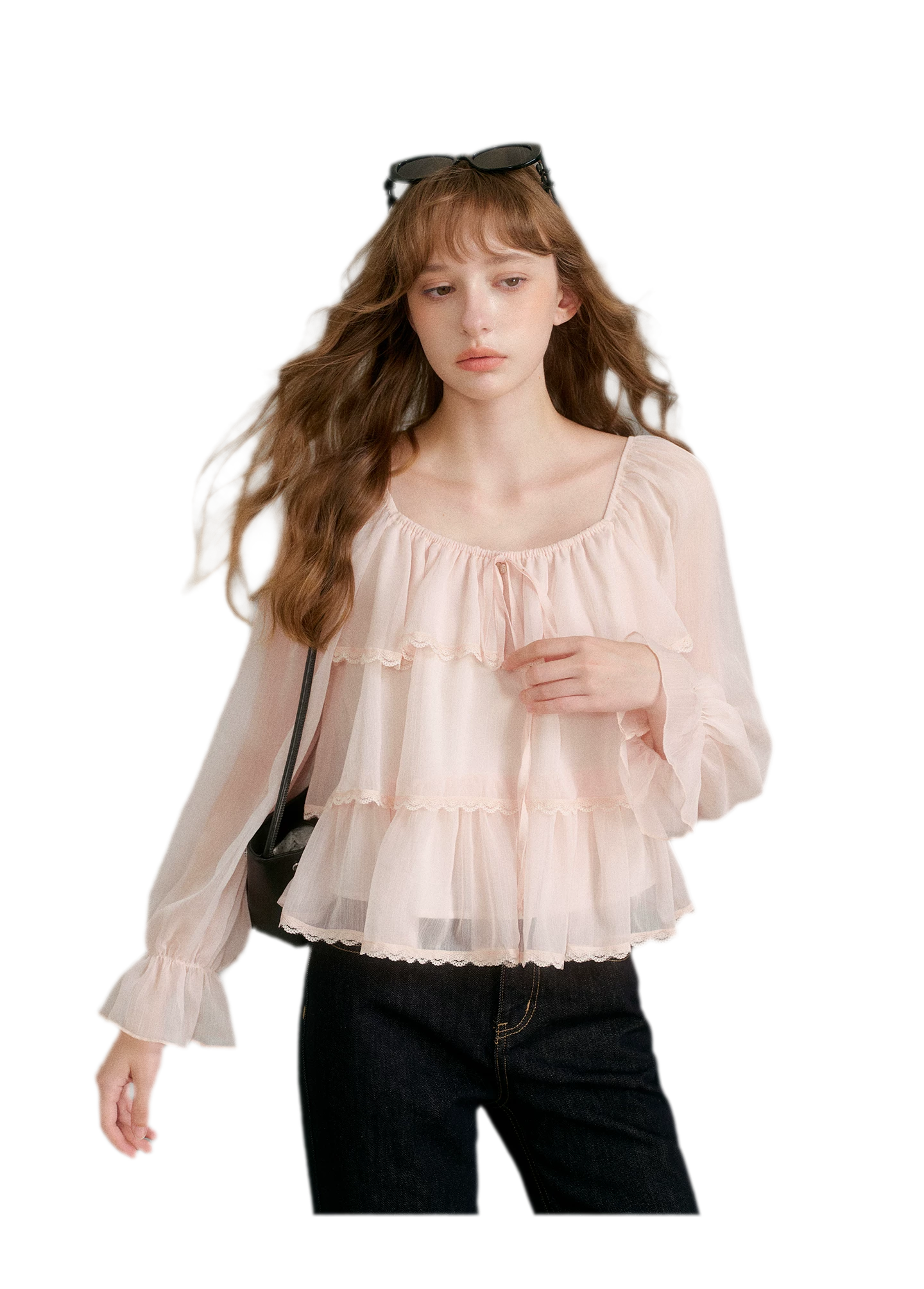 Chiffon Ruffle Lantern Sleeve Blouse