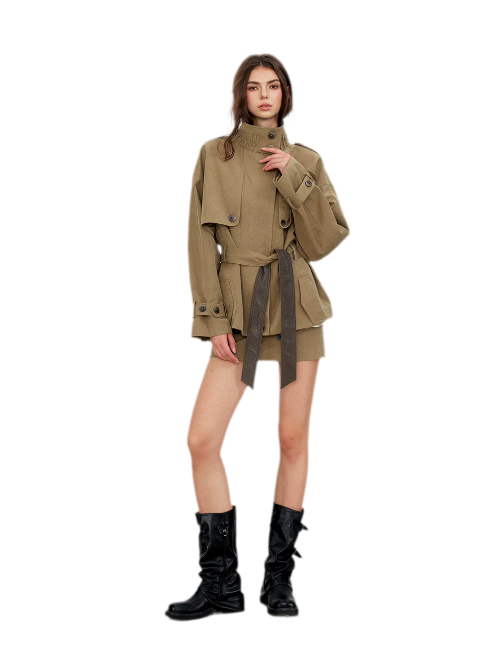 Pleated Stand-Collar Utility Jacket