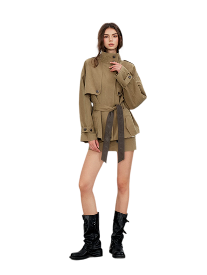 Pleated Stand-Collar Utility Jacket