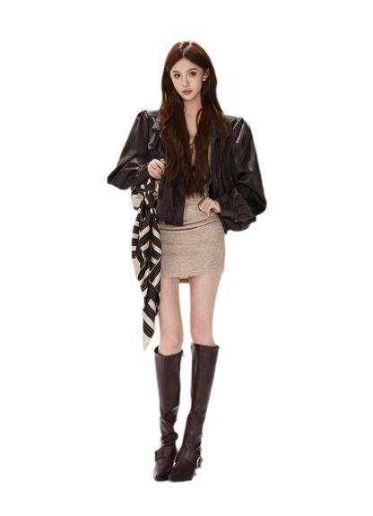 Veste courte froncée en cuir PU