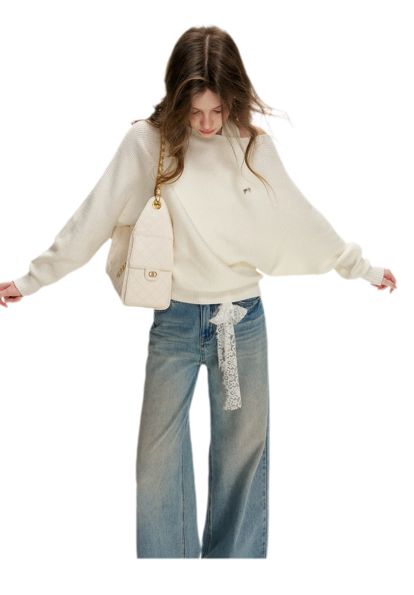 Lace-Trimmed Wide-Leg Denim Pants