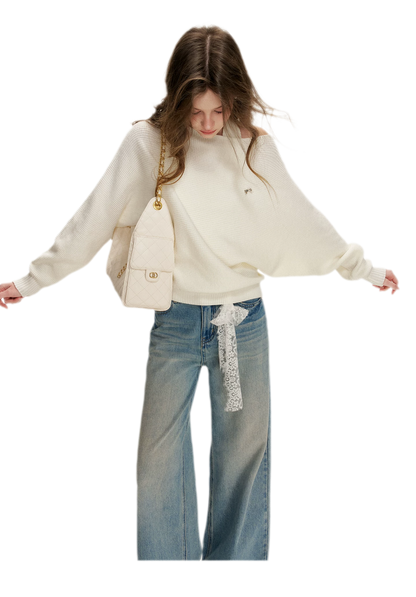 Lace-Trimmed Wide-Leg Denim Pants