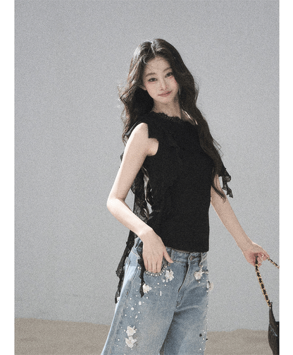 Lace One-Shoulder Crop Tee