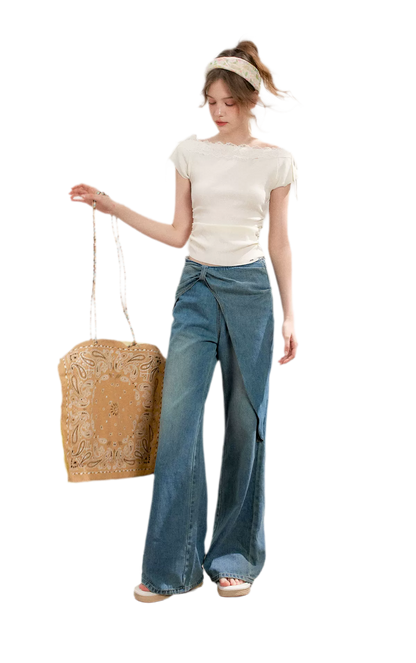 Lace Trim Off-Shoulder Knit Top &amp; Denim Pants