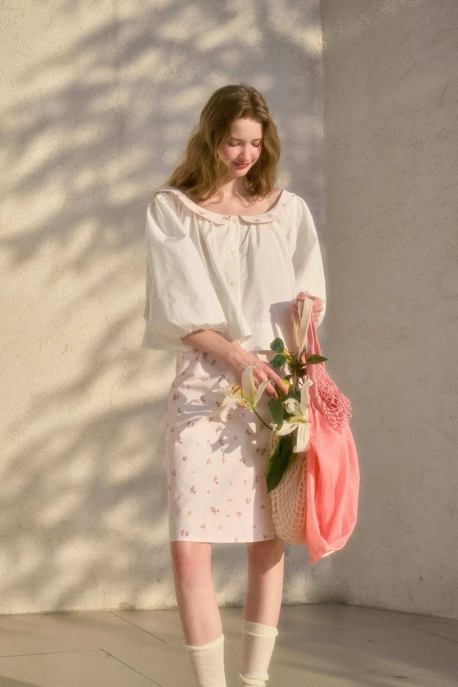 Floral Puff-Sleeve Blouse Skirt Set
