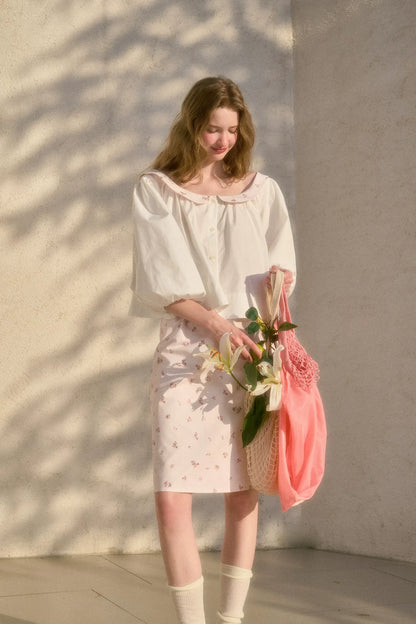 Floral Puff-Sleeve Blouse Skirt Set