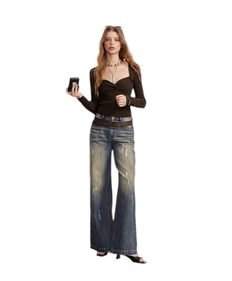 Washed Paint-Splatter Wide-Leg Jeans