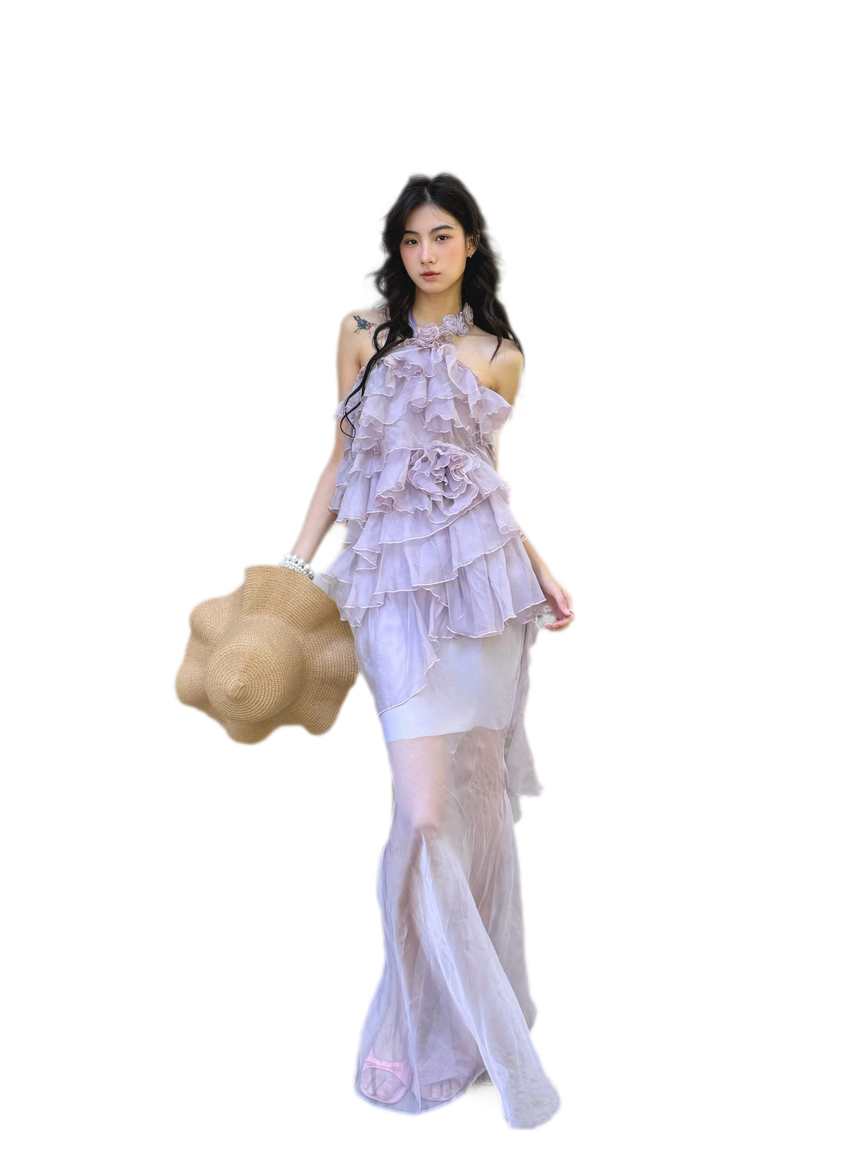 Sheer Rose Halter Fishtail Dress