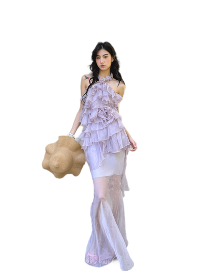Sheer Rose Halter Fishtail Dress