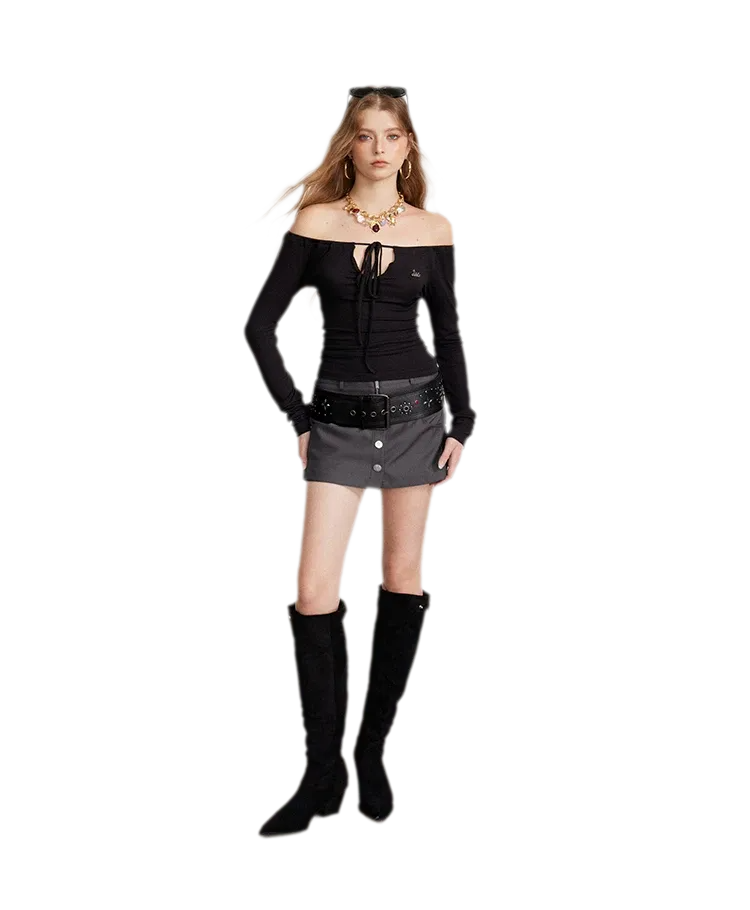 Drawstring Off-Shoulder Long-Sleeve Top