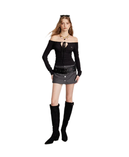 Drawstring Off-Shoulder Long-Sleeve Top