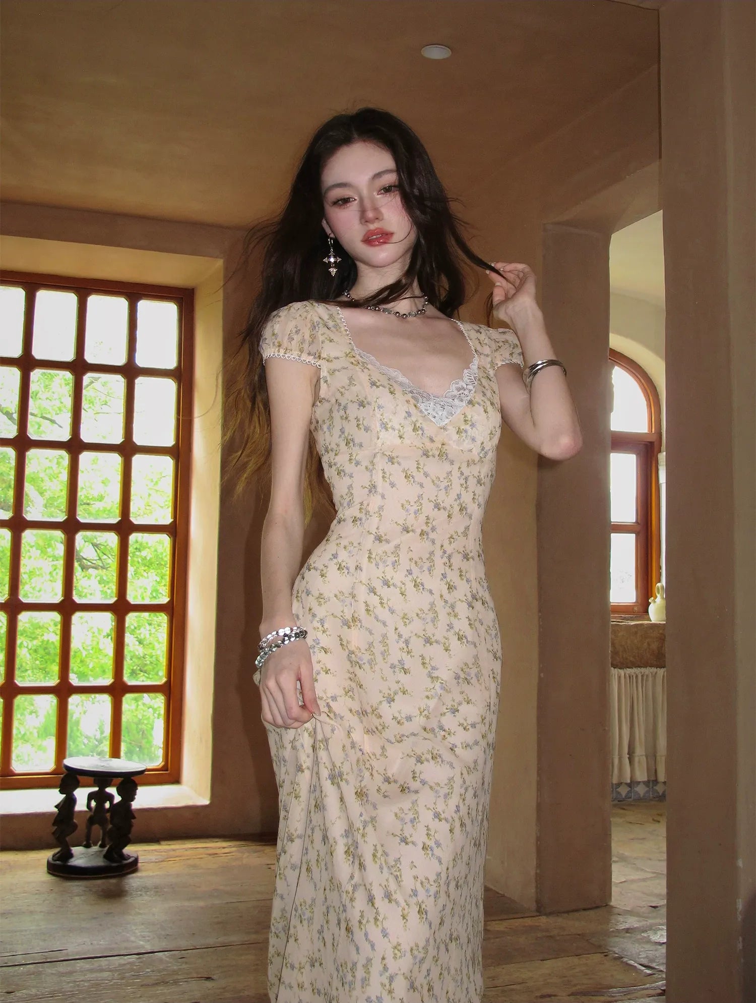 Lace V-Neck Long Dress