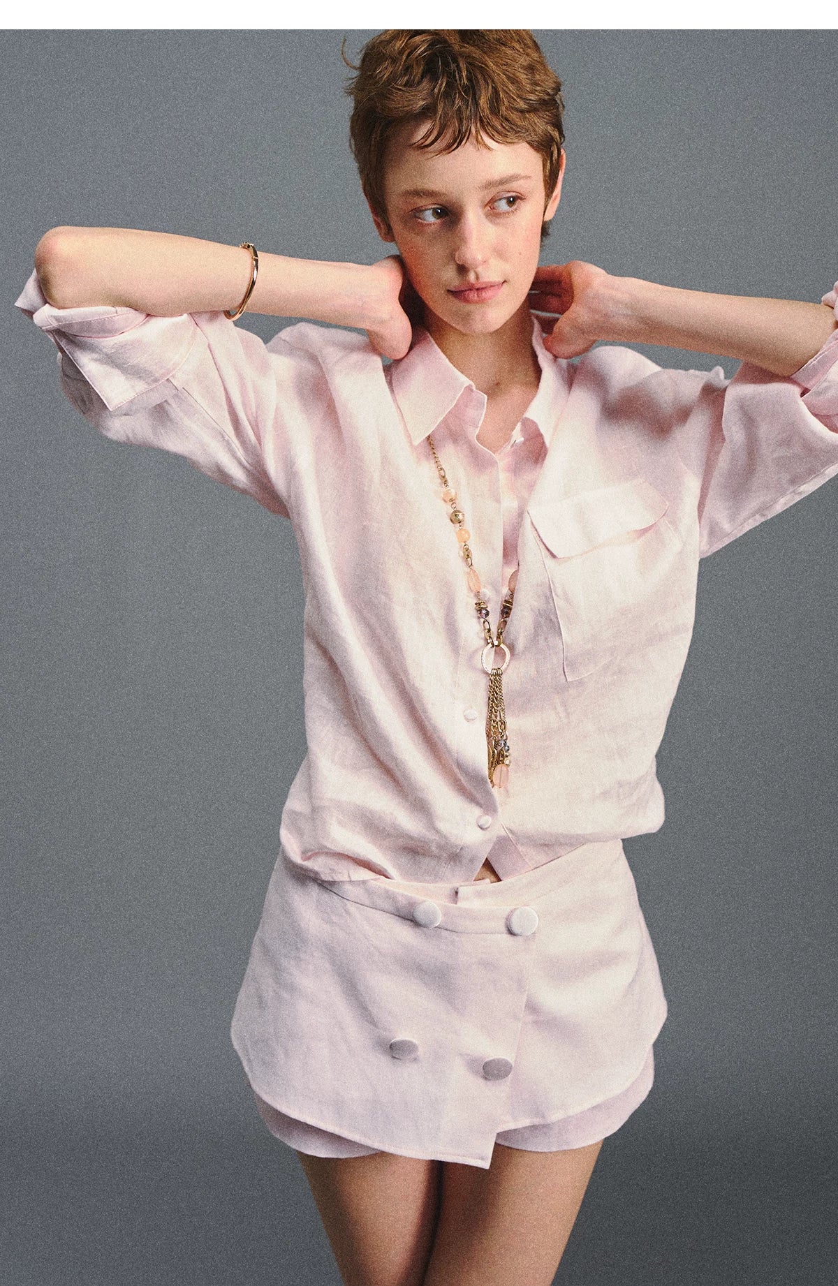Linen Satin Waist-Cinched Shirt &amp; Skirt Set