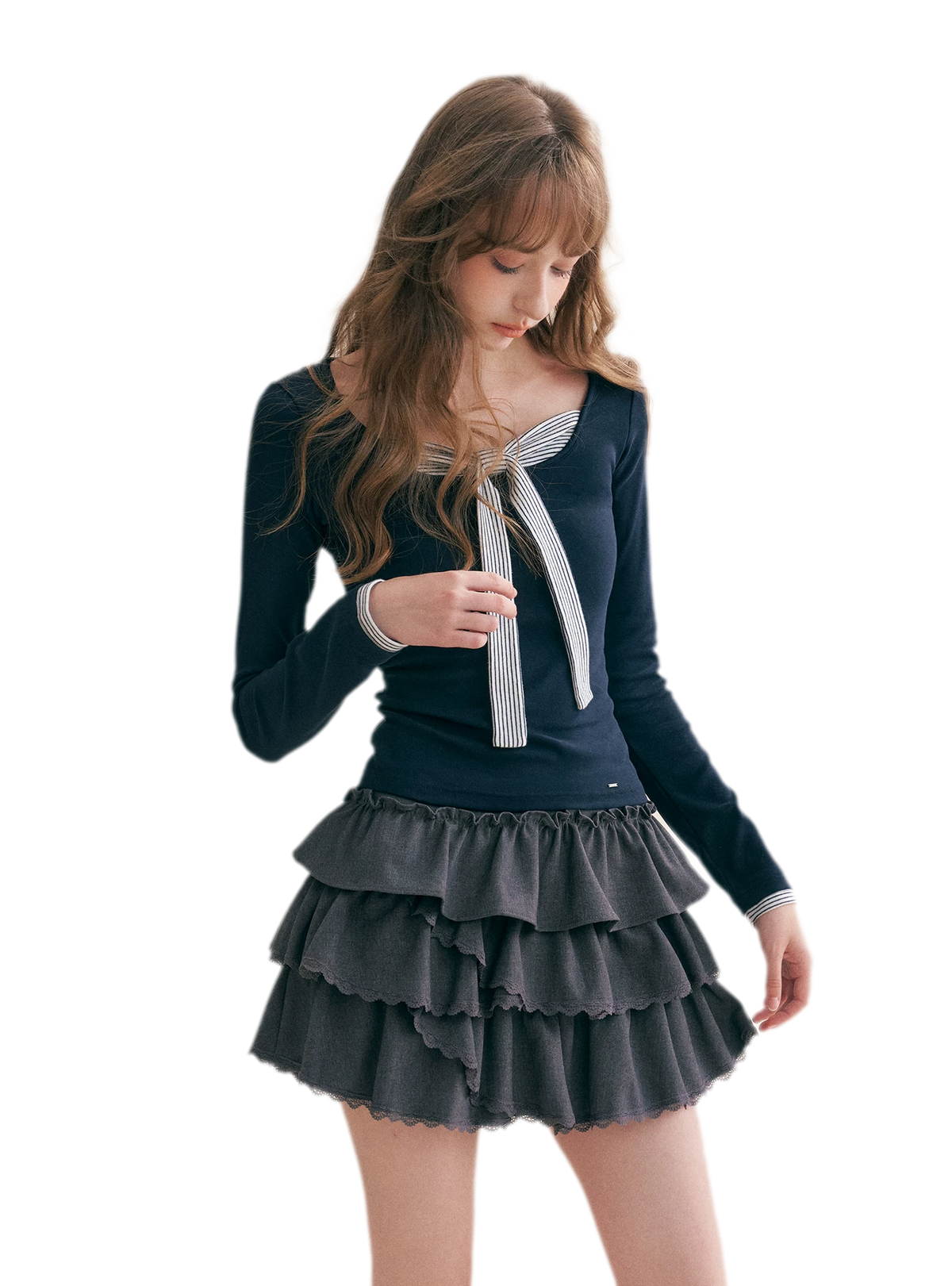 Striped Faux-Layer Fitted Top