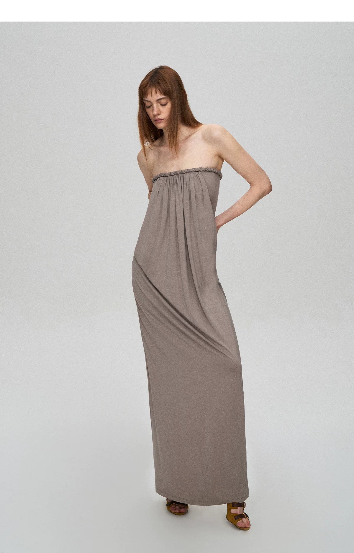 Sculptural 93% Lyocell Pleated Long Dress