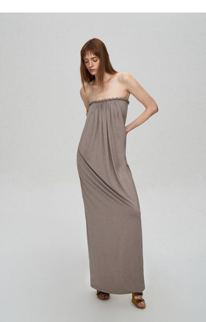 Sculptural 93% Lyocell Pleated Long Dress