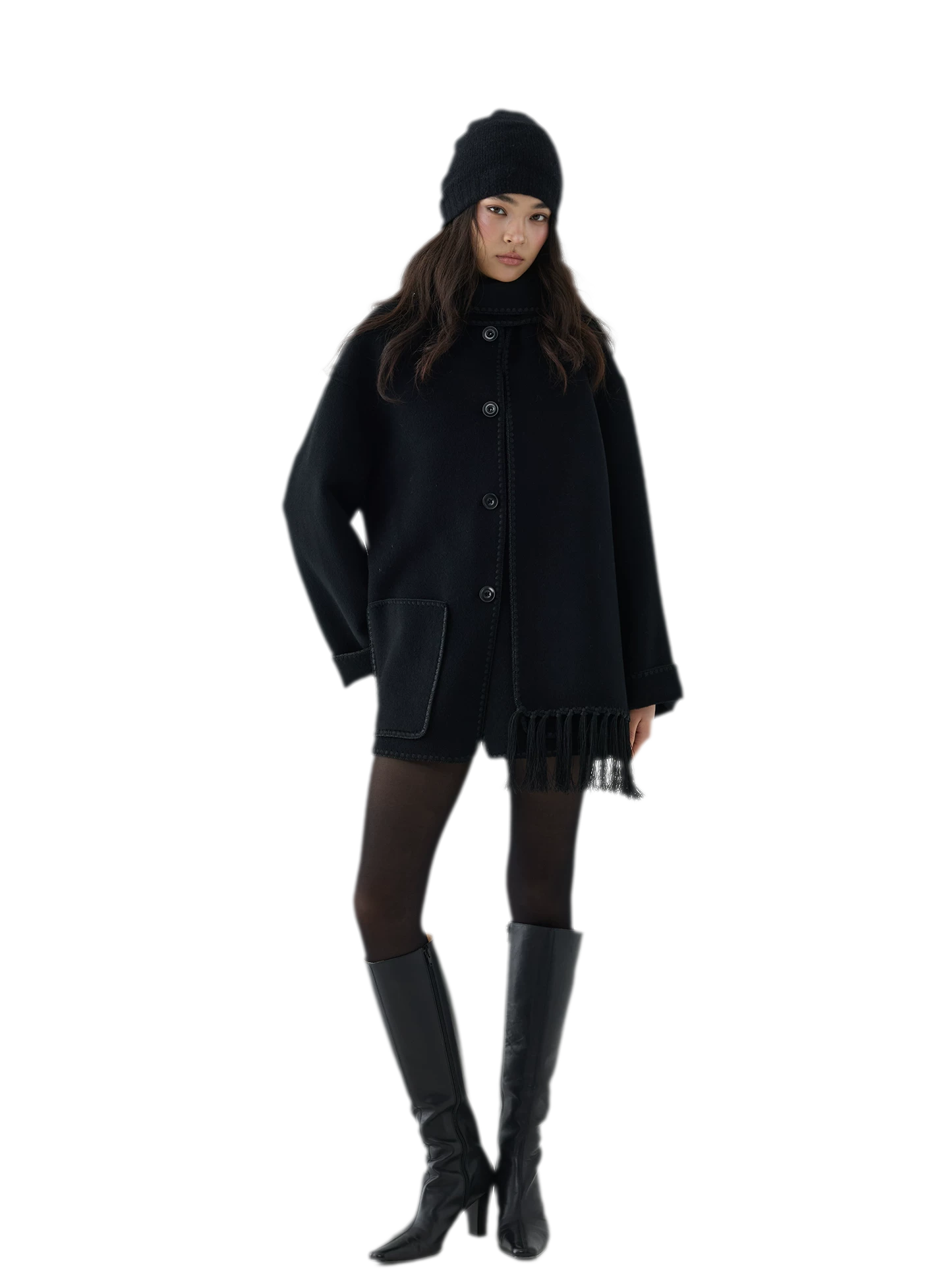 Double-Faced Wool Fringe Cape Coat
