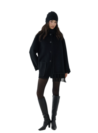 Double-Faced Wool Fringe Cape Coat