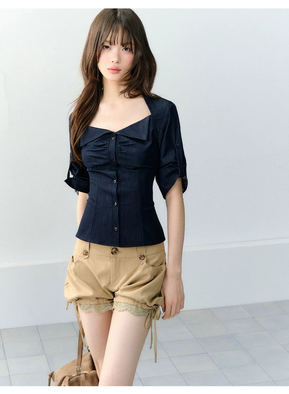 Korean Style Stretch Denim-Look Shirt