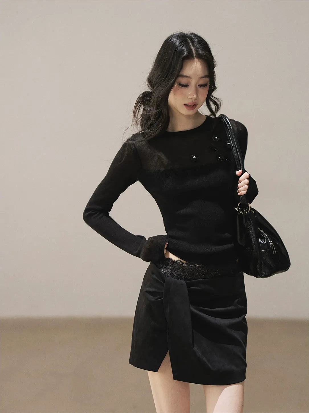 Sheer Cropped Long-Sleeve Top