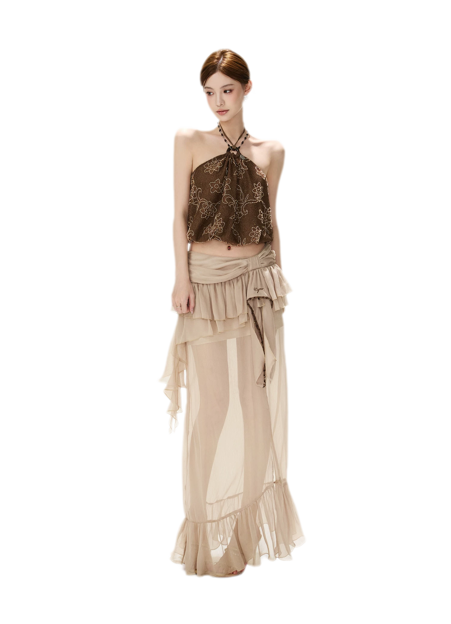 CYNR Sheer Ruffle High-Slit Skirt – view 10