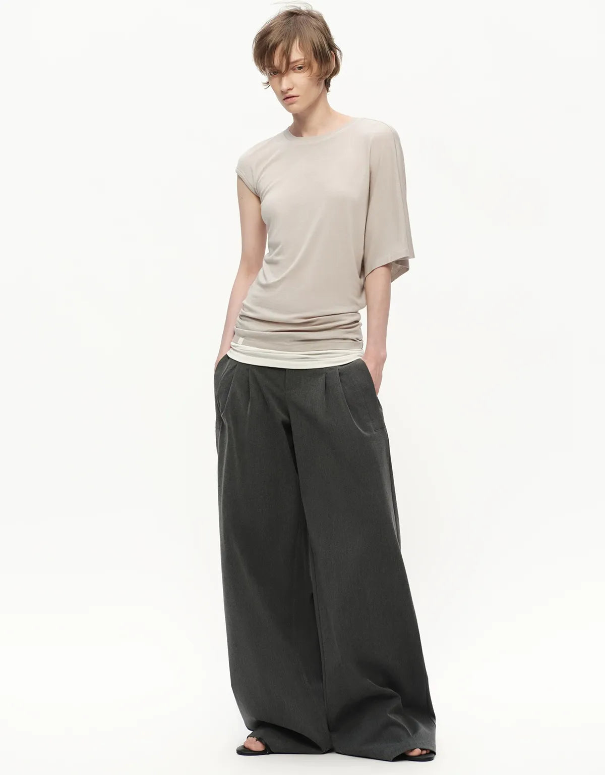 Gray Wide Leg Suit Pants