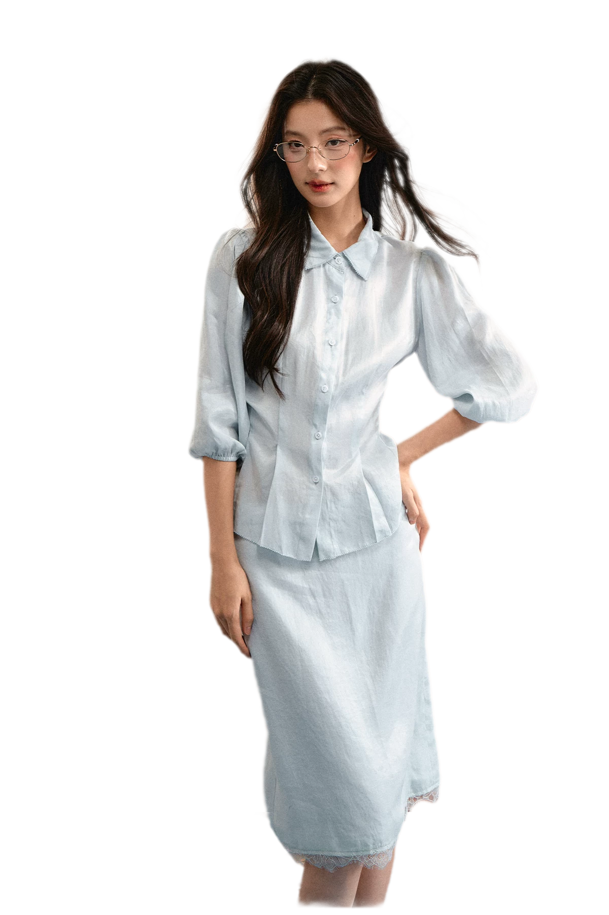 Linen Bubble Sleeve Top Skirt