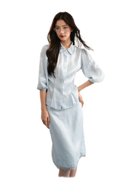 Linen Bubble Sleeve Top Skirt
