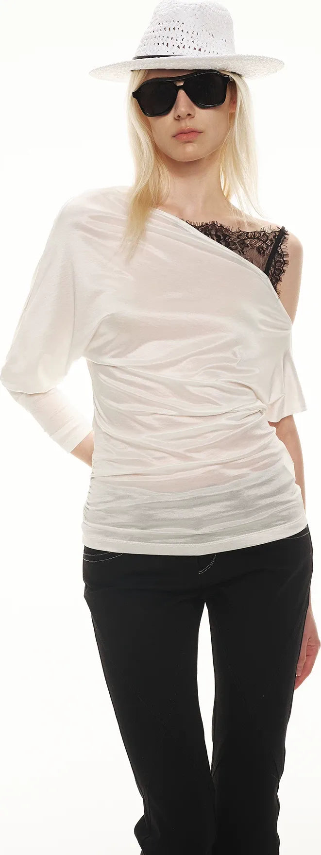 Silky Satin Texture Asymmetric Off-Shoulder Lace Trim T-Shirt