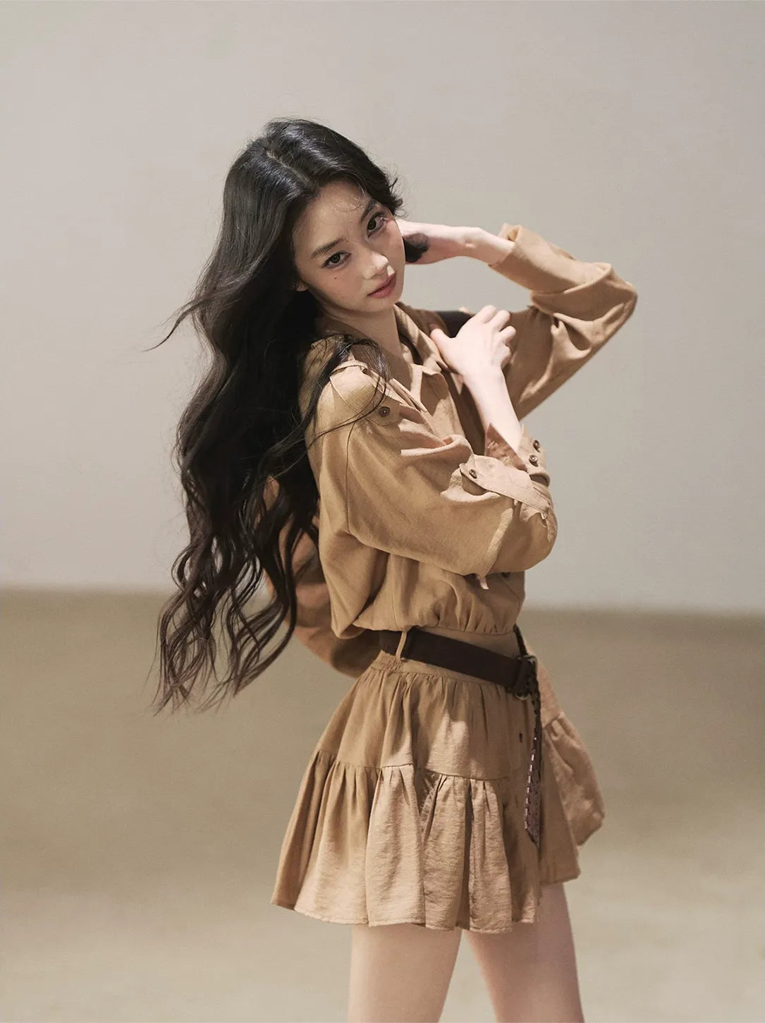 High-Waist Ruffle Shirt Dress