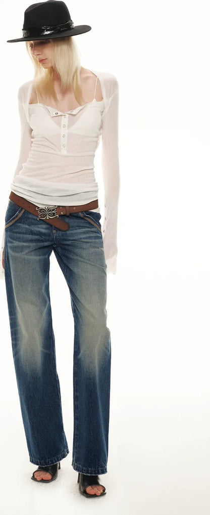 Classic Vintage Washed Distressed Wide-Leg Jeans
